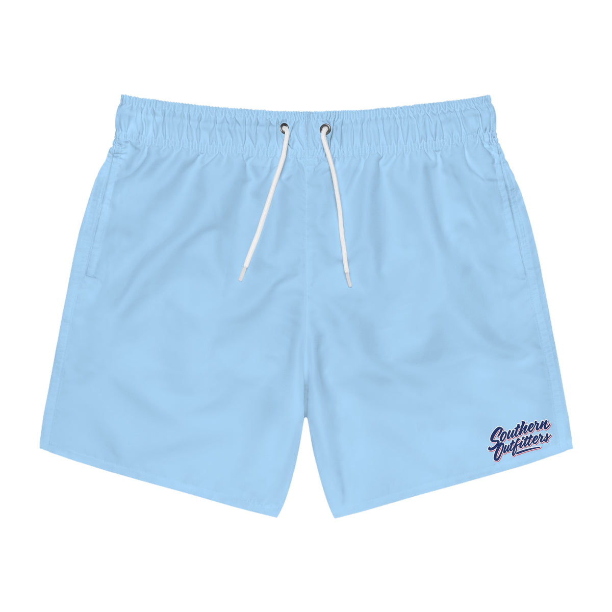 Light Blue Swim Trunks with 'Southern Summers' Script - Men's Beach Swim Shorts